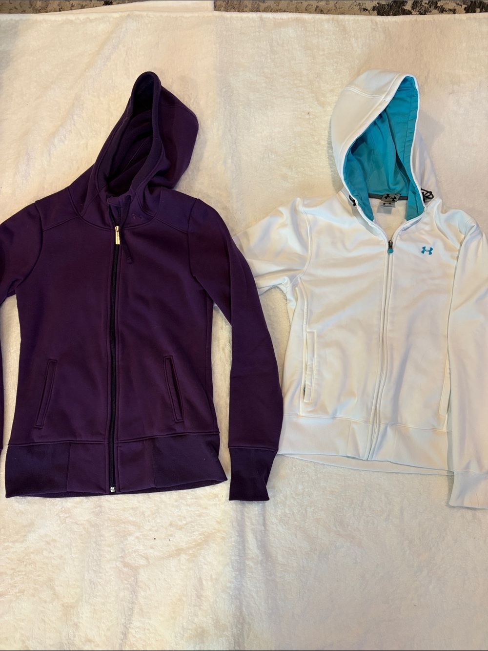 Under Armour Girls' White Jacket with Aqua Lined Hood & Purple Zip-Up Hoodie